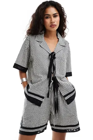 Reclaimed Tie front shirt with bows in black and white gingham