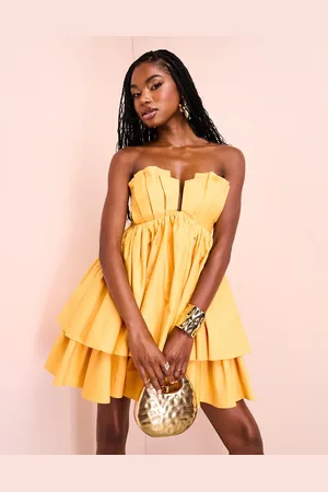 ASOS Cotton poplin bandeau babydoll mini dress with pleated bust in apricot