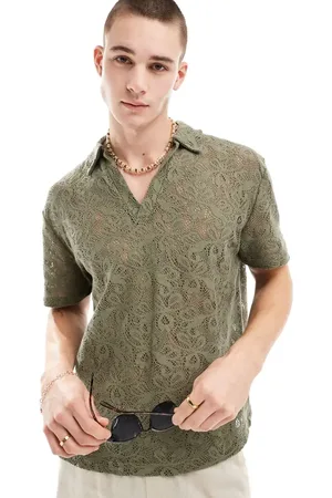 ASOS Relaxed polo shirt in khaki patterned crochet