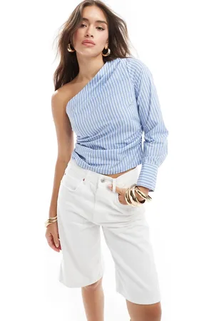 Pimkie Poplin one shoulder top in blue stripe