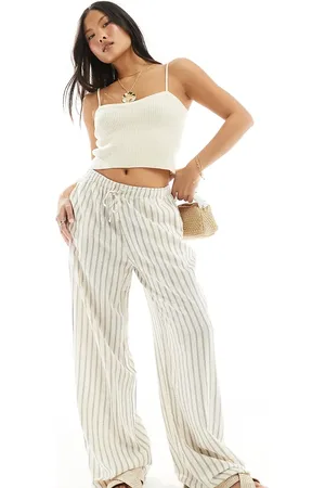 Stradivarius Petite linen look pull on trouser in beige stripe