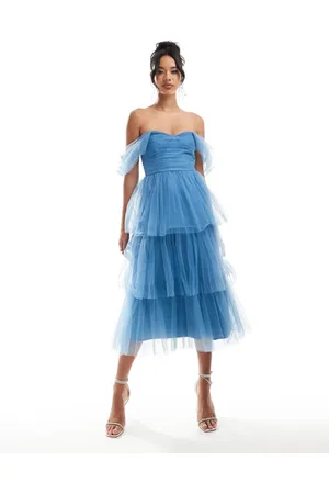 Lace & Beads Ruched tulle tiered midi dress in