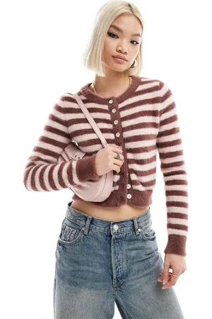Daisy Street Micro button up knit cardigan in pink brown stripe