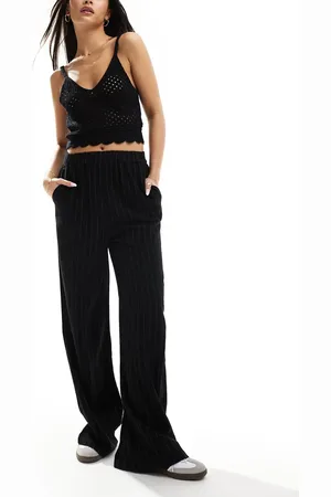 VILA Linen touch wide leg trousers with stretch waist in pinstripe
