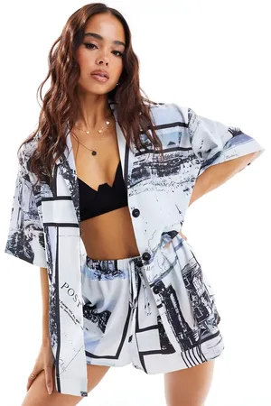 ASOS Satin revere co-ord shirt in newspaper print
