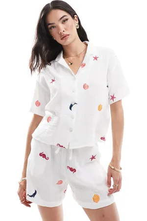 Pieces® Embroidered sea shell shirt co-ord in