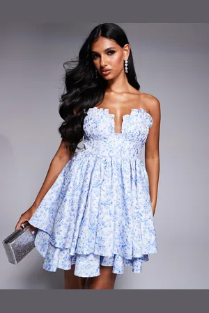 ASOS Jacquard bandeau babydoll mini dress with pleated bust in floral print