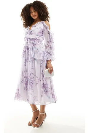 ASOS Ruffle off shoulder midi dress in lilac floral print