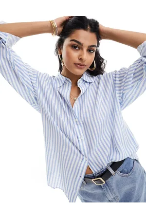Stradivarius Relaxed fit linen look stripe shirt in light