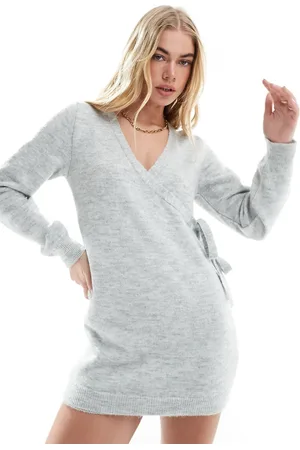 Miss Selfridge Ballet wrap knit mini dress in light marl