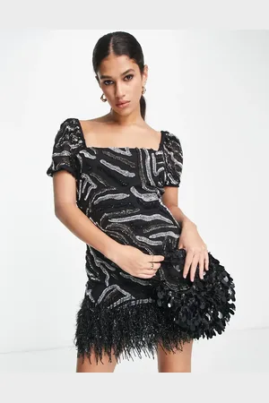 Miss Selfridge Premium embellished animal print mini dress with faux feather trim in