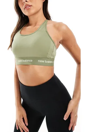 New Balance Linear logo medium support sleek sports bra in olive