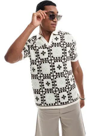 ASOS Knitted crochet notch neck polo in sage and brown