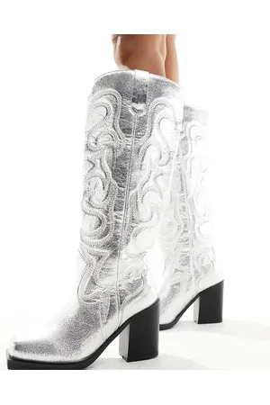 Public Desire Austine knee boot with western stitching in metallic