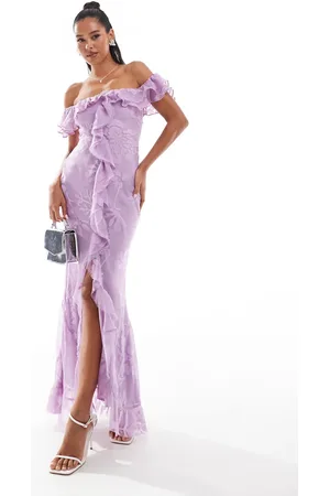 ASOS Frill bardot bias cut maxi dress in floral jacquard in lilac