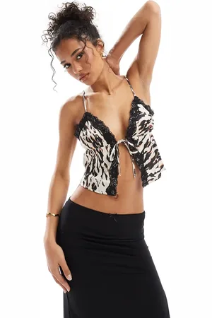 Miss Selfridge Satin tie front cami top in animal print