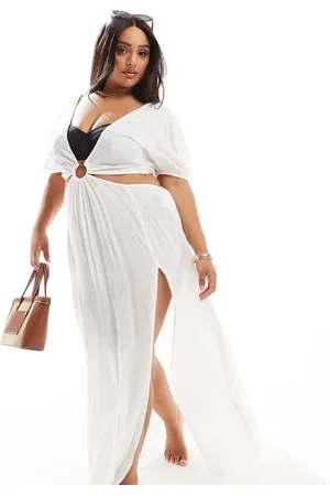 ASOS Curve puff sleeve cut out maxi beach dress with ring detail in