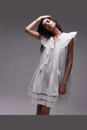 Topshop Tassle detail broderie mini dress in