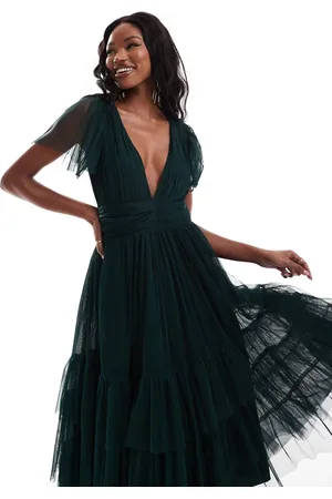 Lace & Beads Bridesmaid Madison v neck tulle midi dress in dark