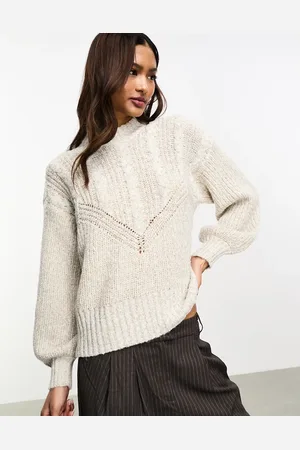 Object Cable knit puff sleeve jumper in mottle beige melange