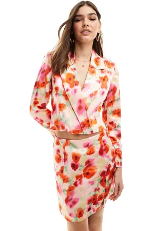 VILA Satin cropped blazer co-ord in poppy red floral