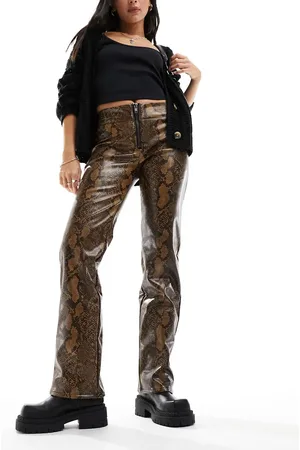 Monki Faux leather low rise exposed zip straight leg trousers in snake