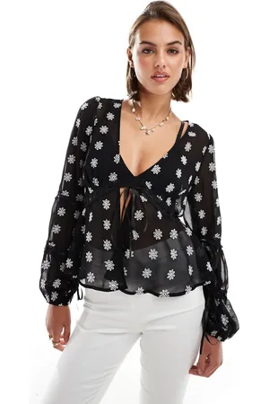 Miss Selfridge Embroidered daisy tie front blouse in