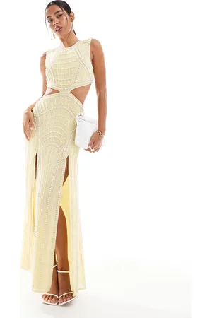 ASOS Pearl embellished maxi dress with double front splits in lemon