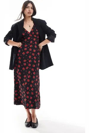 Brave Soul Floral v neck midi dress with frill sleeves in red &