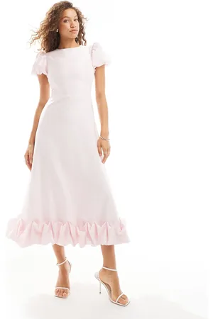 Sister Jane Puff sleeve ruffle hem midi dress in powder
