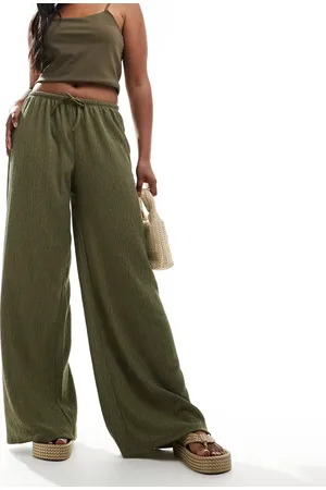 Pull&Bear Textured wide leg trouser in khaki