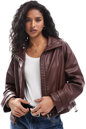 Stradivarius PU bomber jacket in burgundy