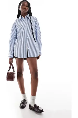 Monki Chuck-on oversized shirt in blue and burgundy stripe