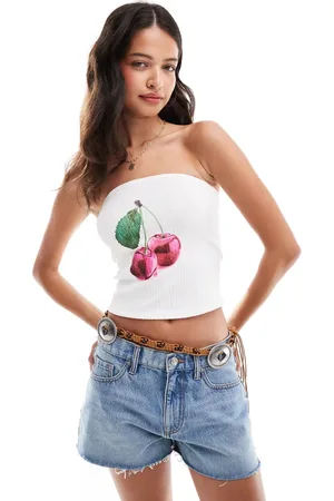 ASOS Textured bandeau top with cherry graphic in ivory