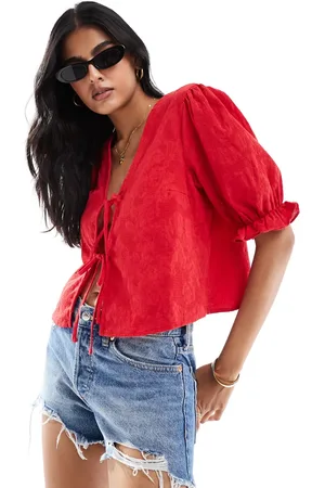 Pieces® Tie front statement sleeve top in poppy