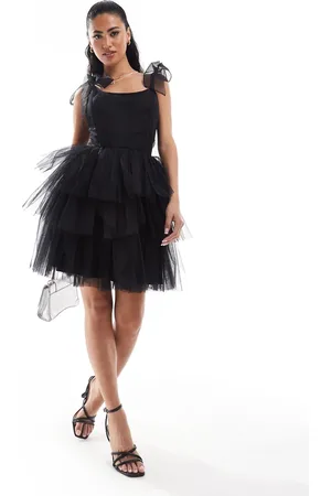 Lace & Beads Bow shoulder corset tulle mini dress in