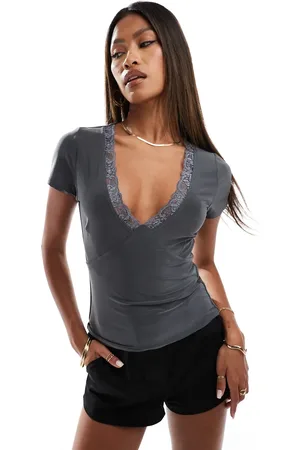 Fashionkilla Slinky double layered plunge t-shirt with lace trim in slate