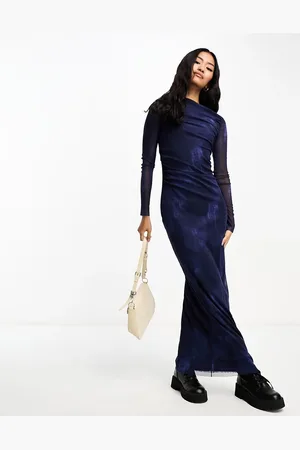 Pull&Bear Long sleeve mesh maxi dress in print