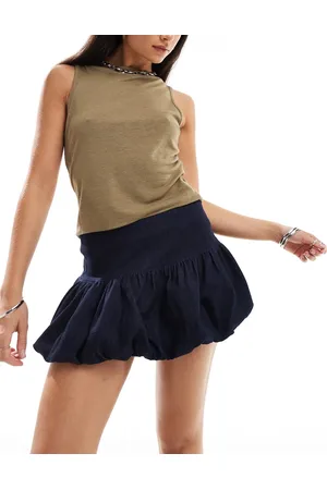 Motel Sisila denim puffball mini skirt in indigo blue