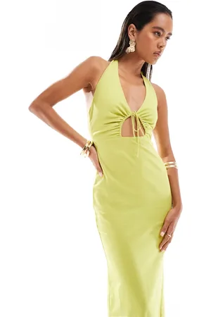 Bershka Halterneck linen maxi dress in pistachio