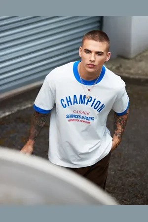 Champion Rochester back print ringer t-shirt in off white and royal