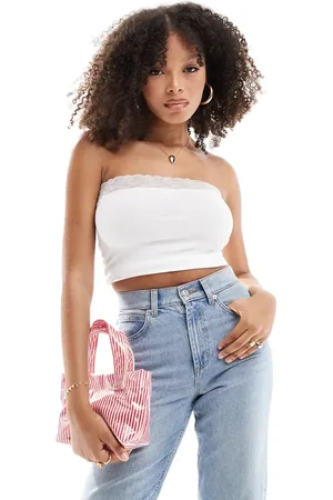 ASOS Bandeau top with lace trim in ivory