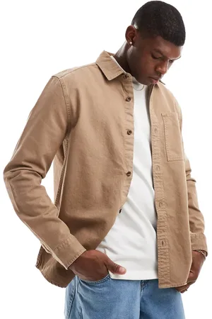 River Island Regular fit chest pocket shirt in stone - medium