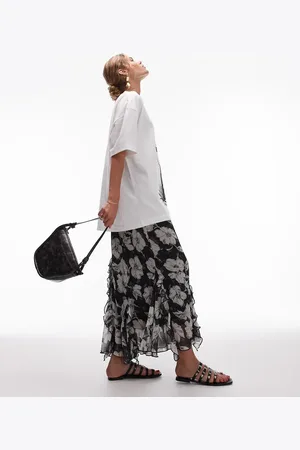 Topshop Sketchy vintage floral godet skirt in monochrome
