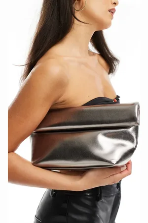 ASOS Roll top clutch bag with pleated corner detail in gunmetal