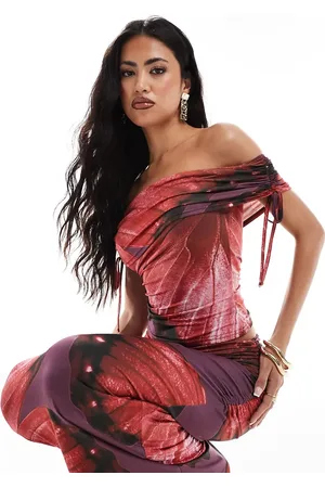 Kaiia Exclusive slinky ruched bandeau top co-ord in red and purple flower print