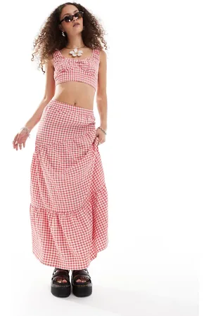 Reclaimed Maxi asymmetric tiered skirt co ord in gingham