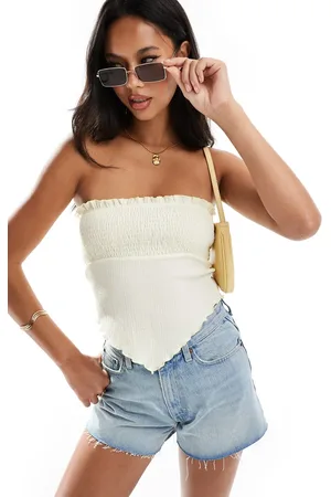 ASOS Shirred bandeau top with hanky hem in ecru