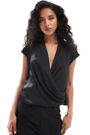 MANGO Wrap front sleeveless satin shirt in