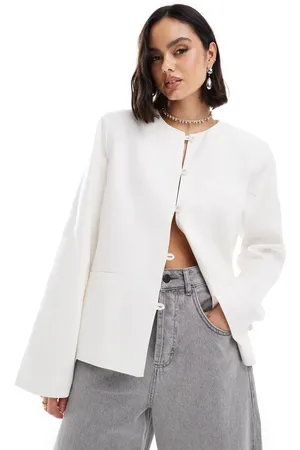 NA-KD Linen collarless jacket in white